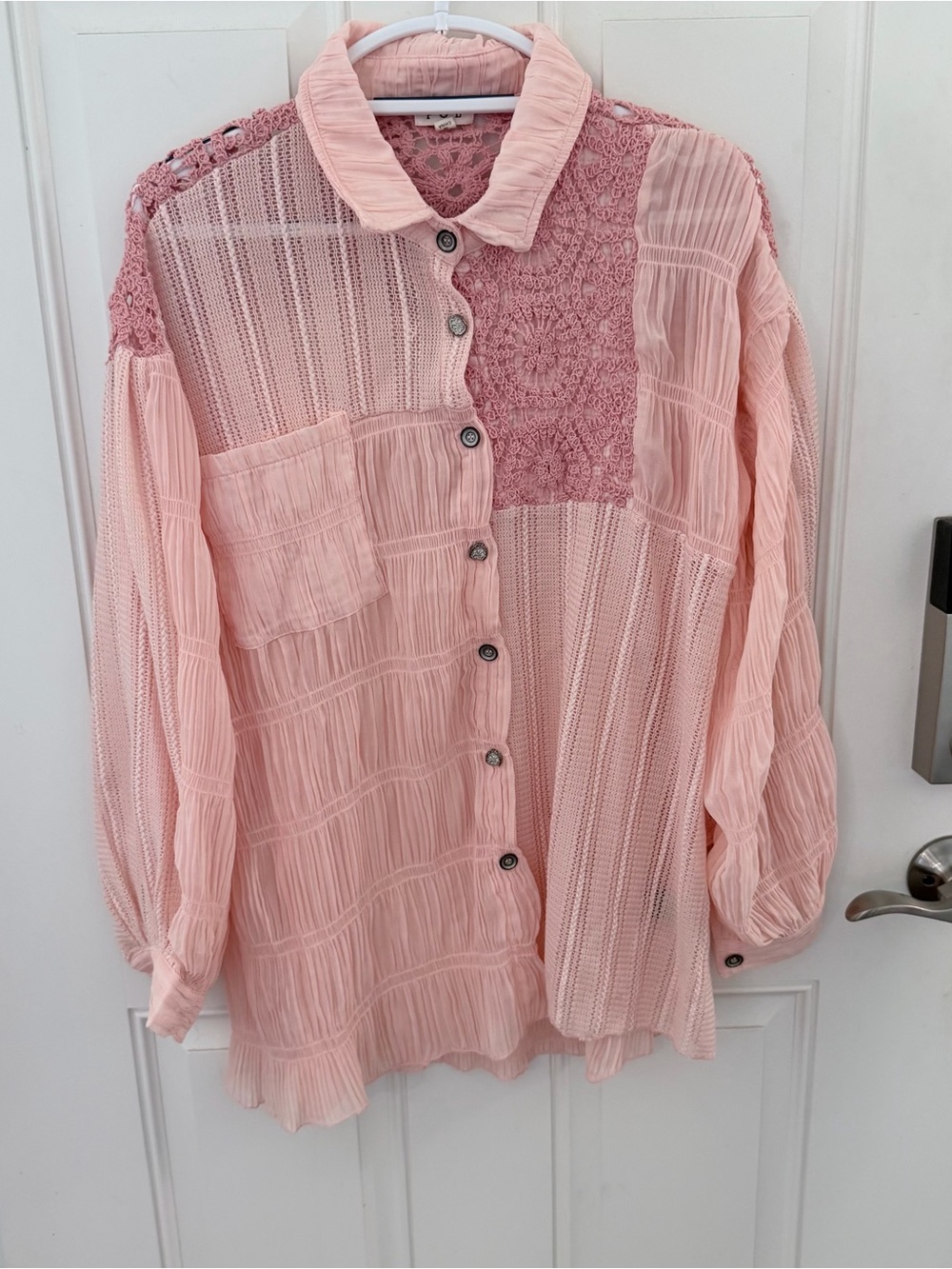 POL Pleated Crochet Lace Blouse S/M | Light Pink
